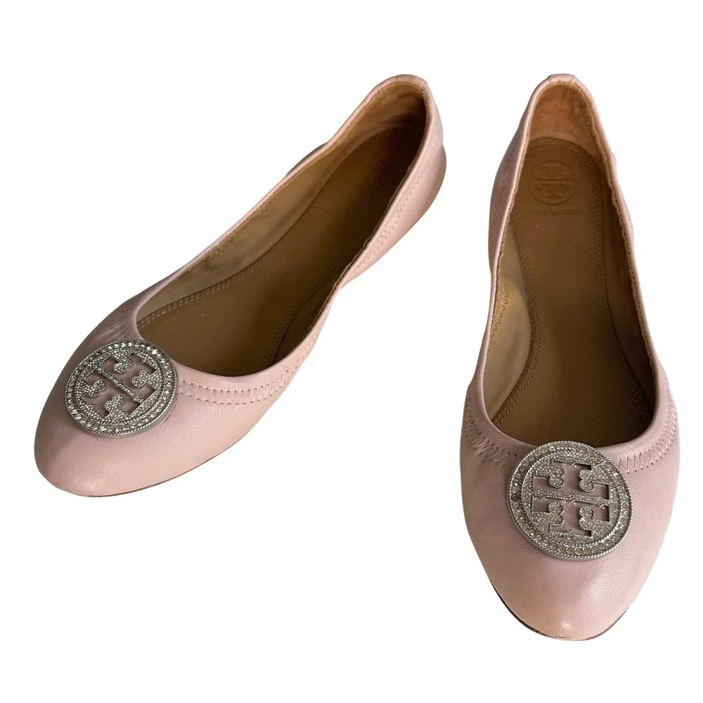 Tory Burch Minnie Travel Ballet Flats size 8 Pink Leather Crystal Medallion